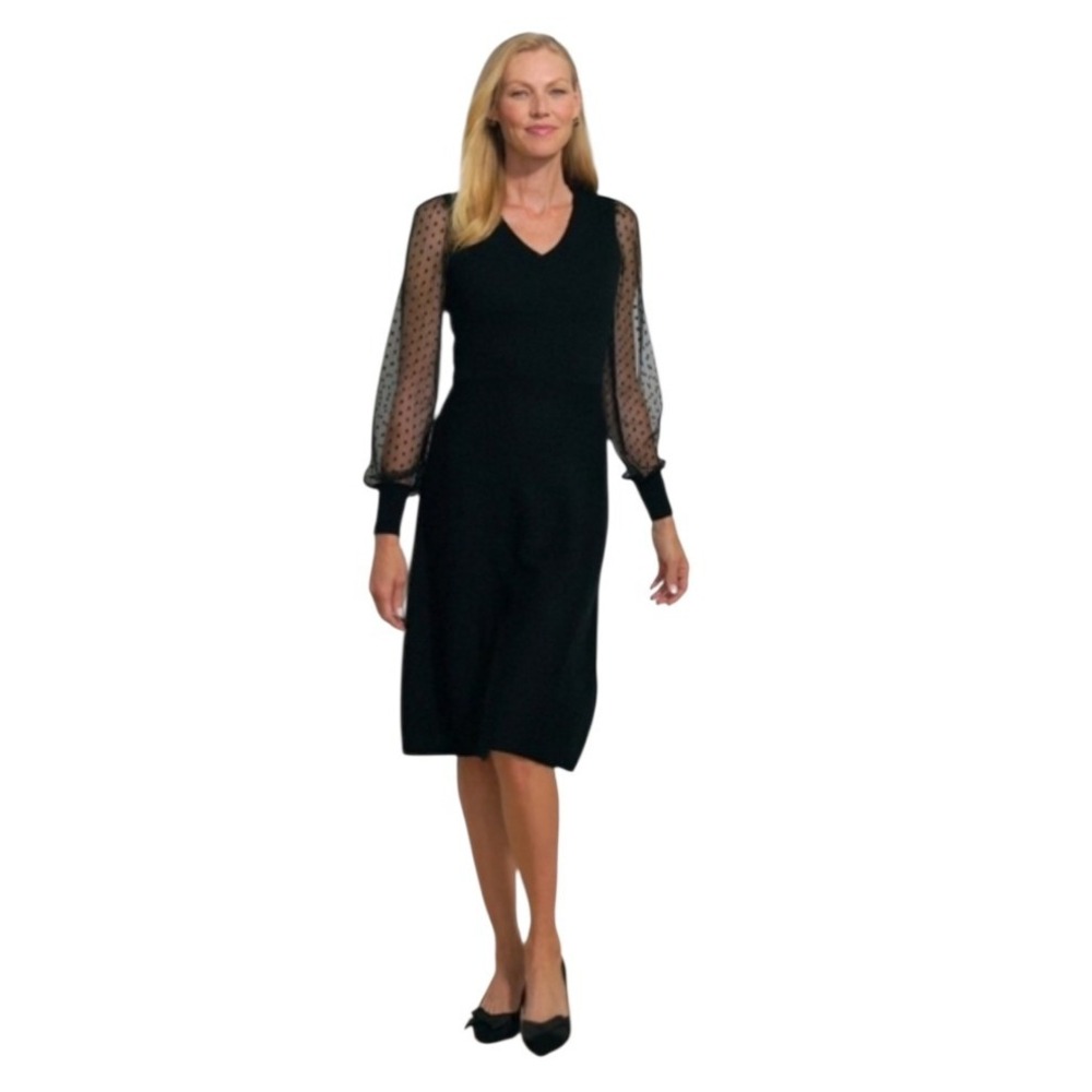 Talbots Sheer Sleeve Merino Wool Sweater Classic Dress V-Neck Fit Flare Black M